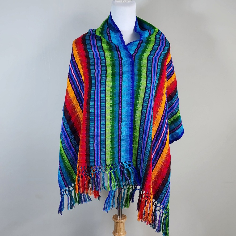 Woven Striped Shawl Scarf‎ Wrap Multicolor Rainbow Fringed Boho Festival Artsy